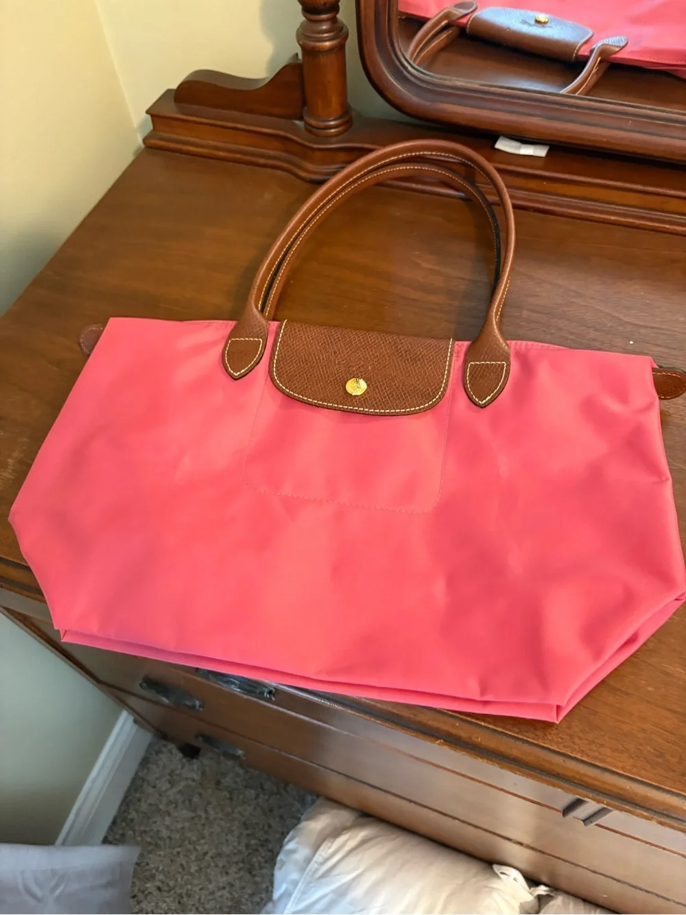 Pink Longchamp Tote Handbag with Brown Trim